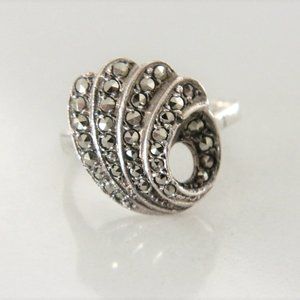 Vintage Sterling Silver Marcasite Wave Motif Ring , Size 6